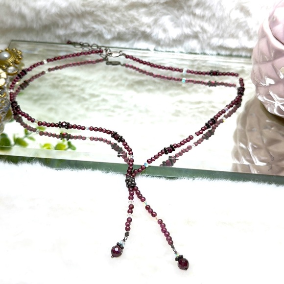 Jewelry - Dark 925 Sterling Silver Garnet, Crystal Beaded Necklace
